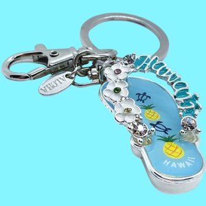 Hawaii Silver Tone Metal Blue Enamel Pineapple Flower Bling Flip Flop Keychain